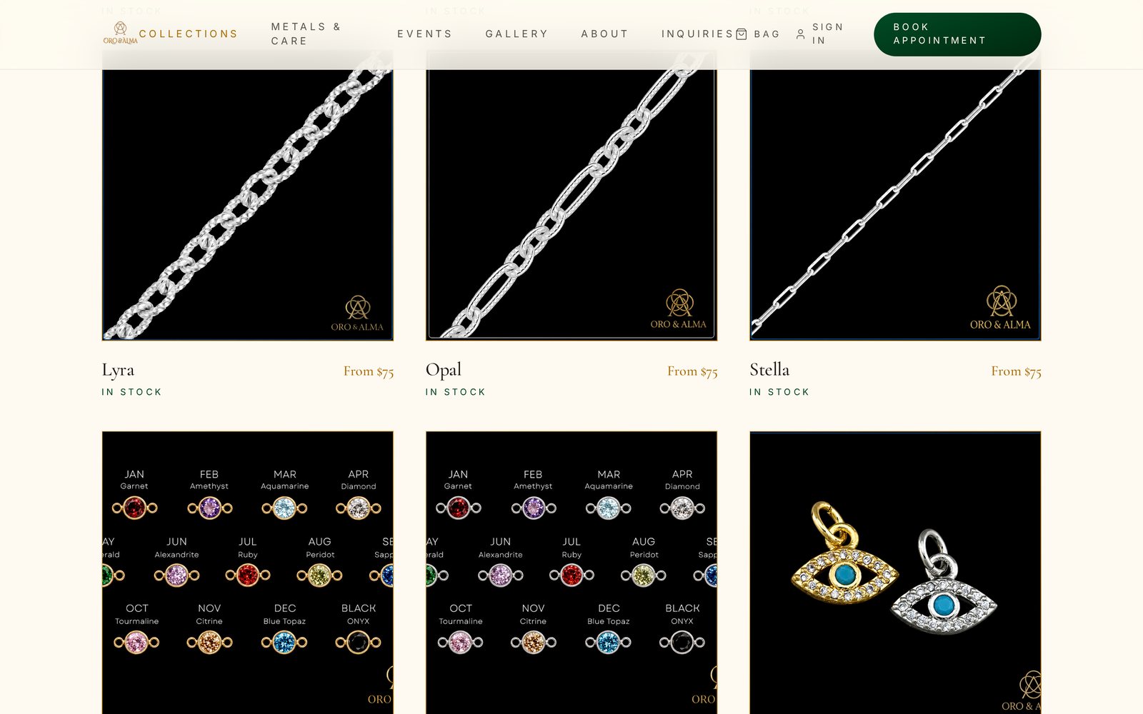 Oro & Alma collections page showing chain and charm products in a grid with names, From $75 pricing and in-stock labels.