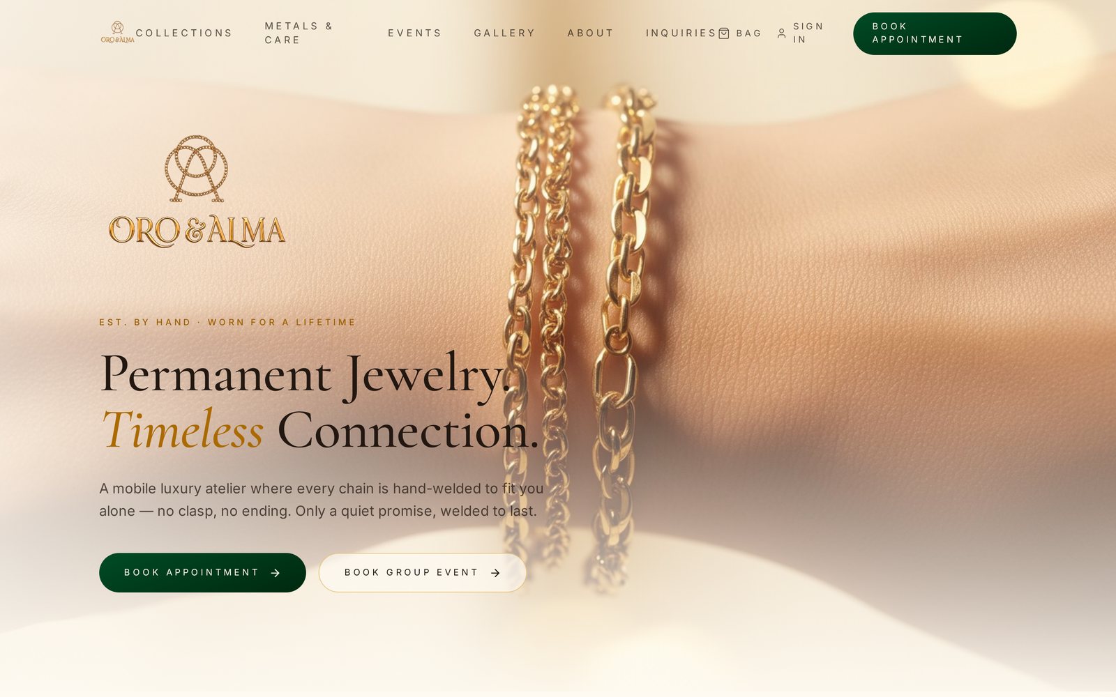 Oro & Alma home page: a hand-welded gold chain on a wrist with the headline Permanent Jewelry, Timeless Connection and buttons to book an appointment or a group event.