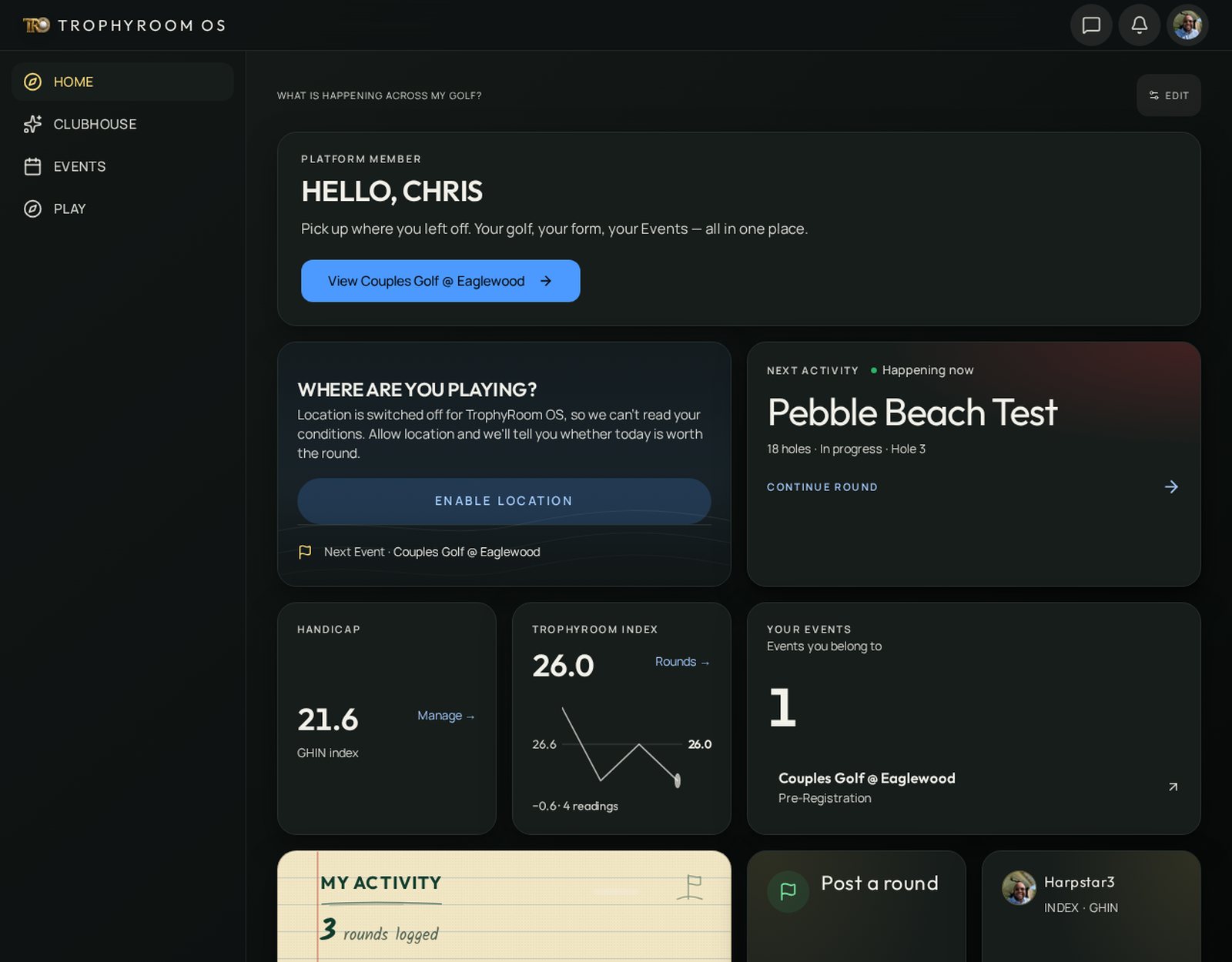 TrophyRoom OS member home: a welcome panel, a round in progress at Pebble Beach Test, GHIN handicap of 21.6, a TrophyRoom index trend chart and the member's one upcoming event.