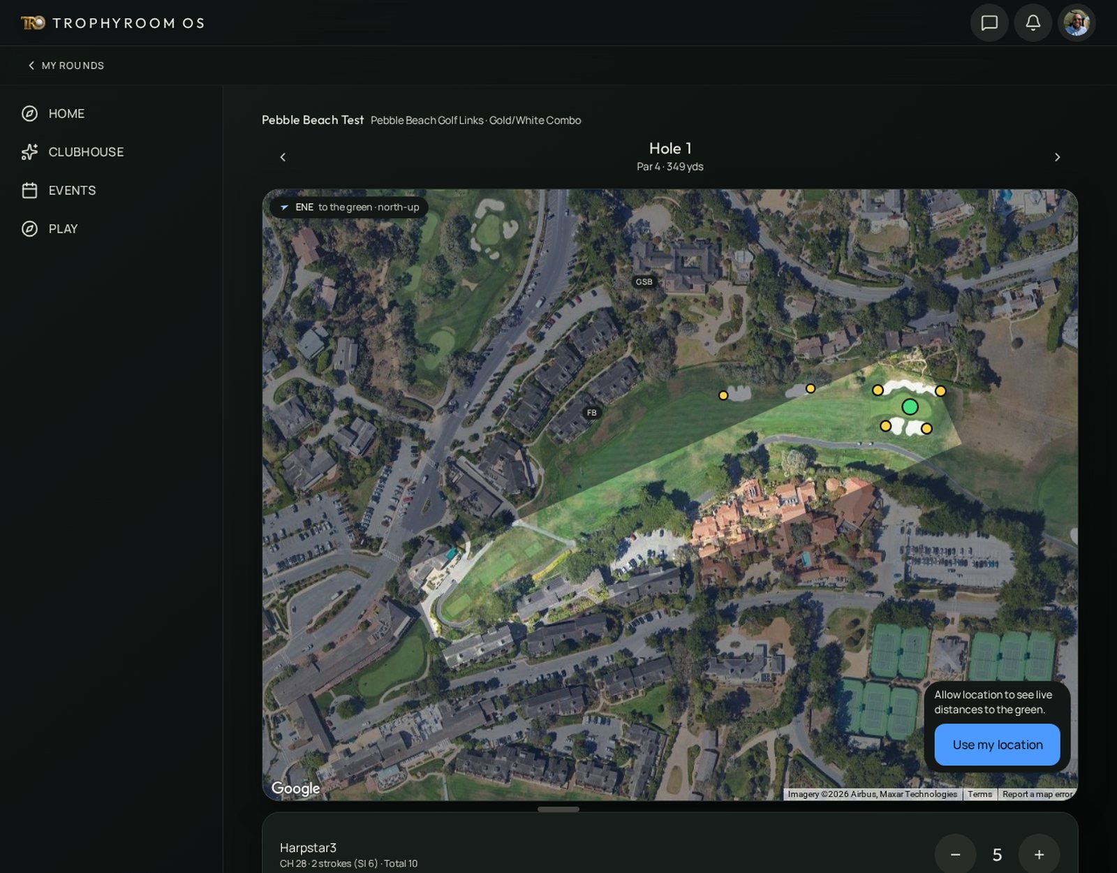 TrophyRoom OS live scoring screen: hole 1 at Pebble Beach Golf Links with an aerial view of the hole, par and yardage, and a score stepper showing the player's running total.